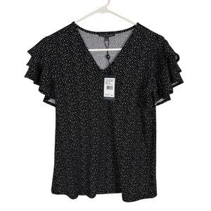 NWT Adrianna Papell Black White Tiered Short Sleeve Blouse Women's Medium Career